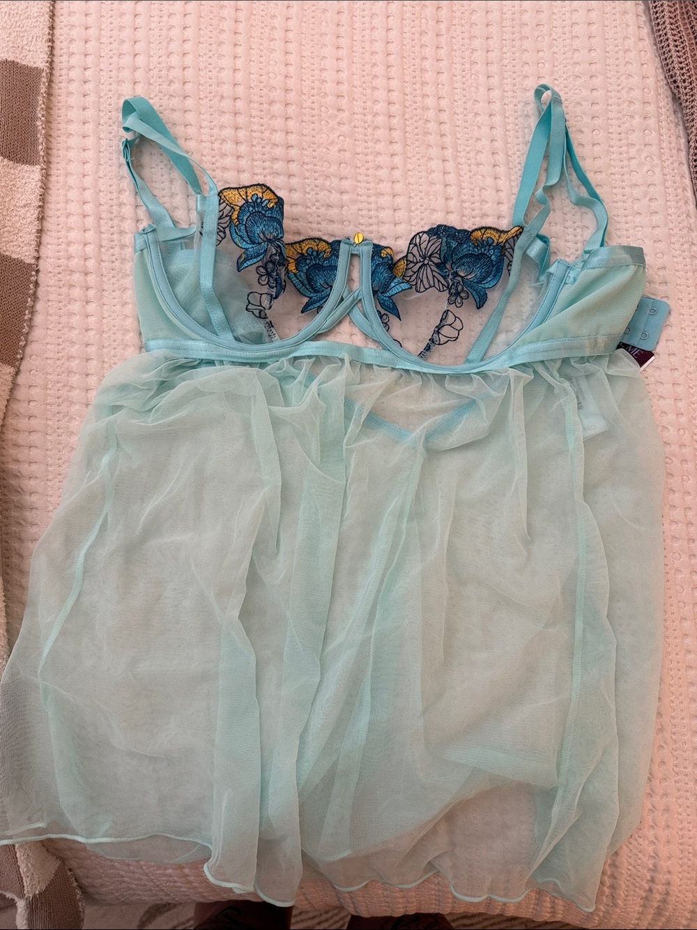 Adore Me Aqua Sheer Mesh Babydoll Chemise with Navy Floral Embroidery
